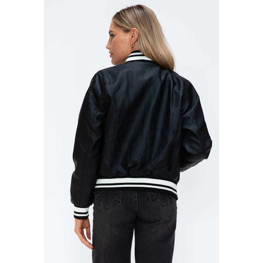 Love Me Now PU Leather Contrast Snap Down Bomber Jacket Apparel and Accessories