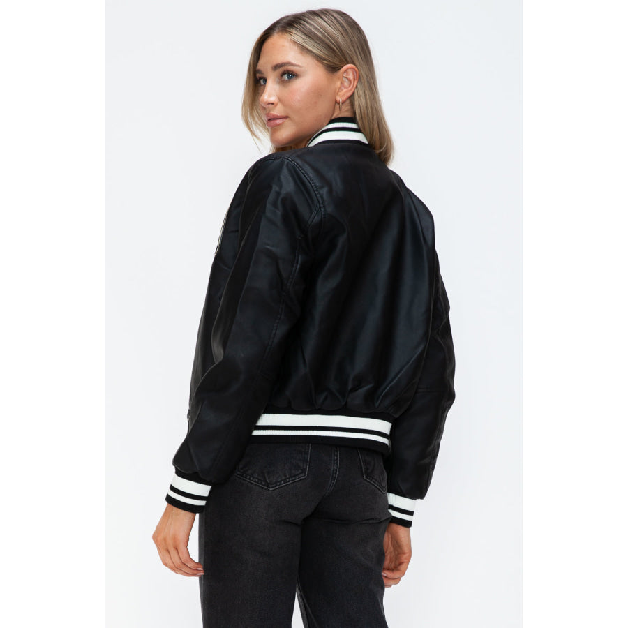 Love Me Now PU Leather Contrast Snap Down Bomber Jacket Apparel and Accessories