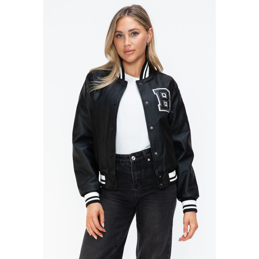 Love Me Now PU Leather Contrast Snap Down Bomber Jacket Apparel and Accessories