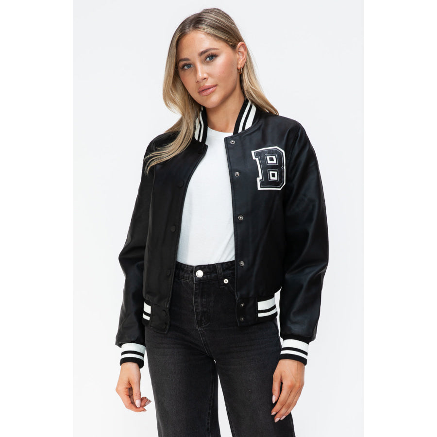 Love Me Now PU Leather Contrast Snap Down Bomber Jacket Apparel and Accessories