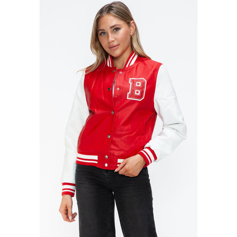 Love Me Now PU Leather Contrast Snap Down Bomber Jacket Apparel and Accessories