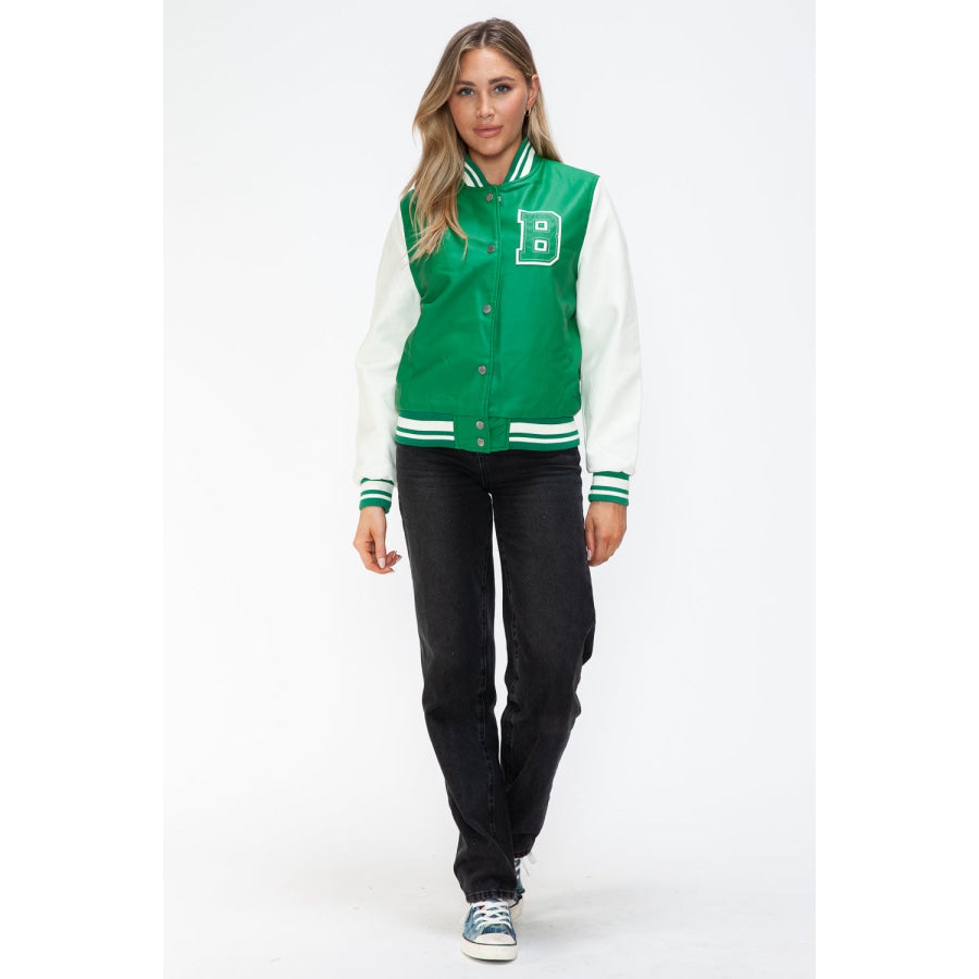 Love Me Now PU Leather Contrast Snap Down Bomber Jacket Apparel and Accessories