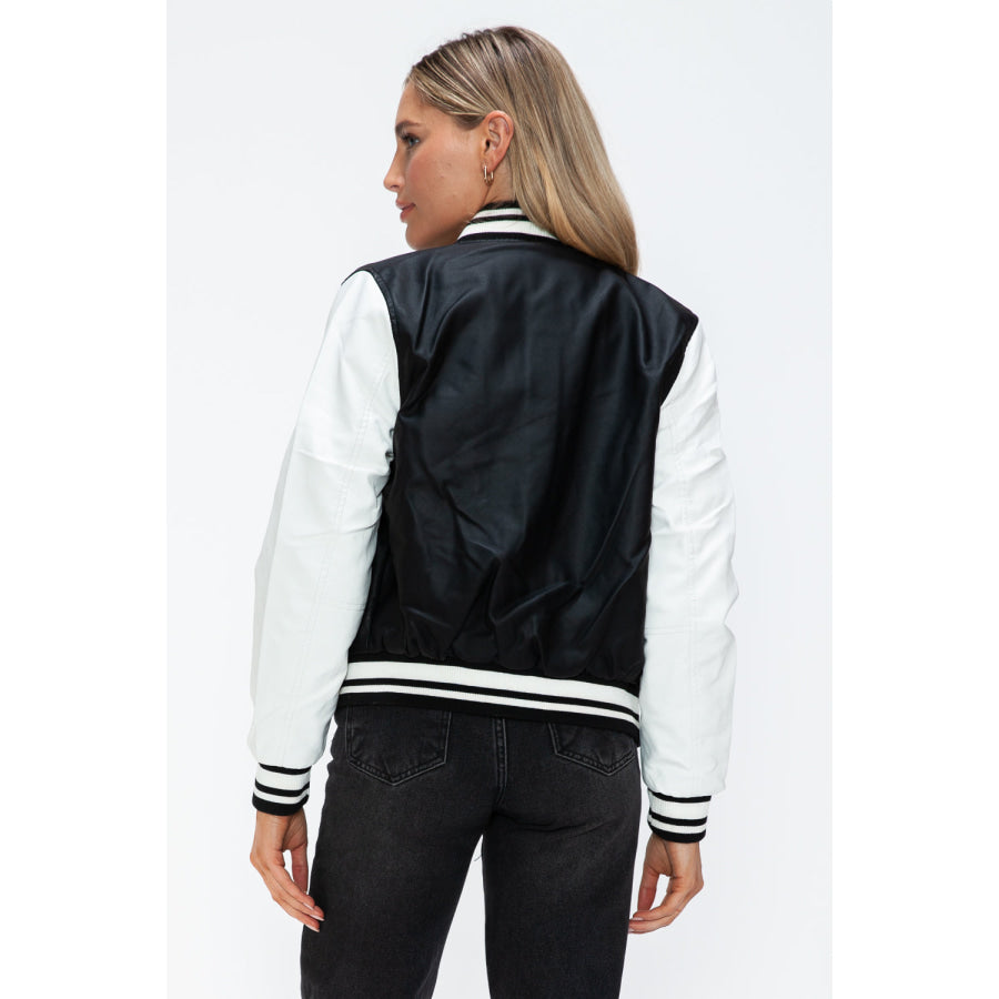 Love Me Now PU Leather Contrast Snap Down Bomber Jacket Apparel and Accessories