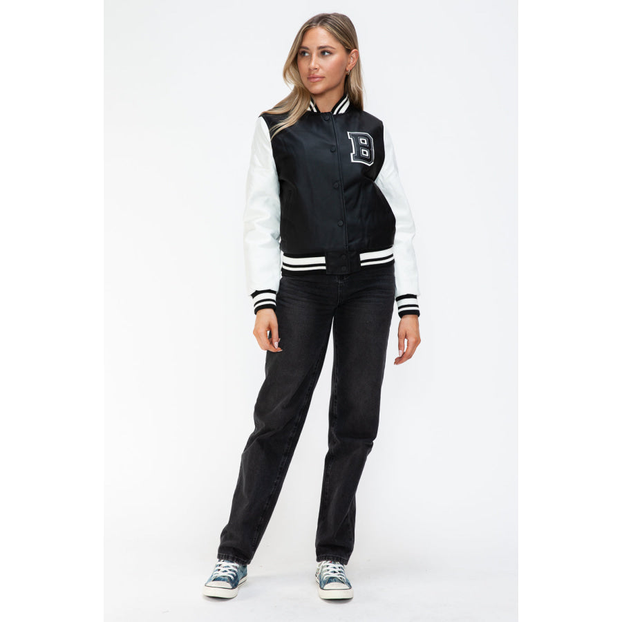 Love Me Now PU Leather Contrast Snap Down Bomber Jacket Apparel and Accessories