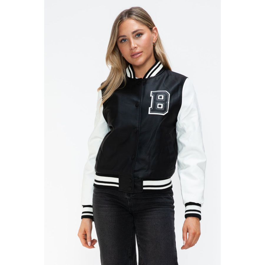 Love Me Now PU Leather Contrast Snap Down Bomber Jacket Black/White / S Apparel and Accessories