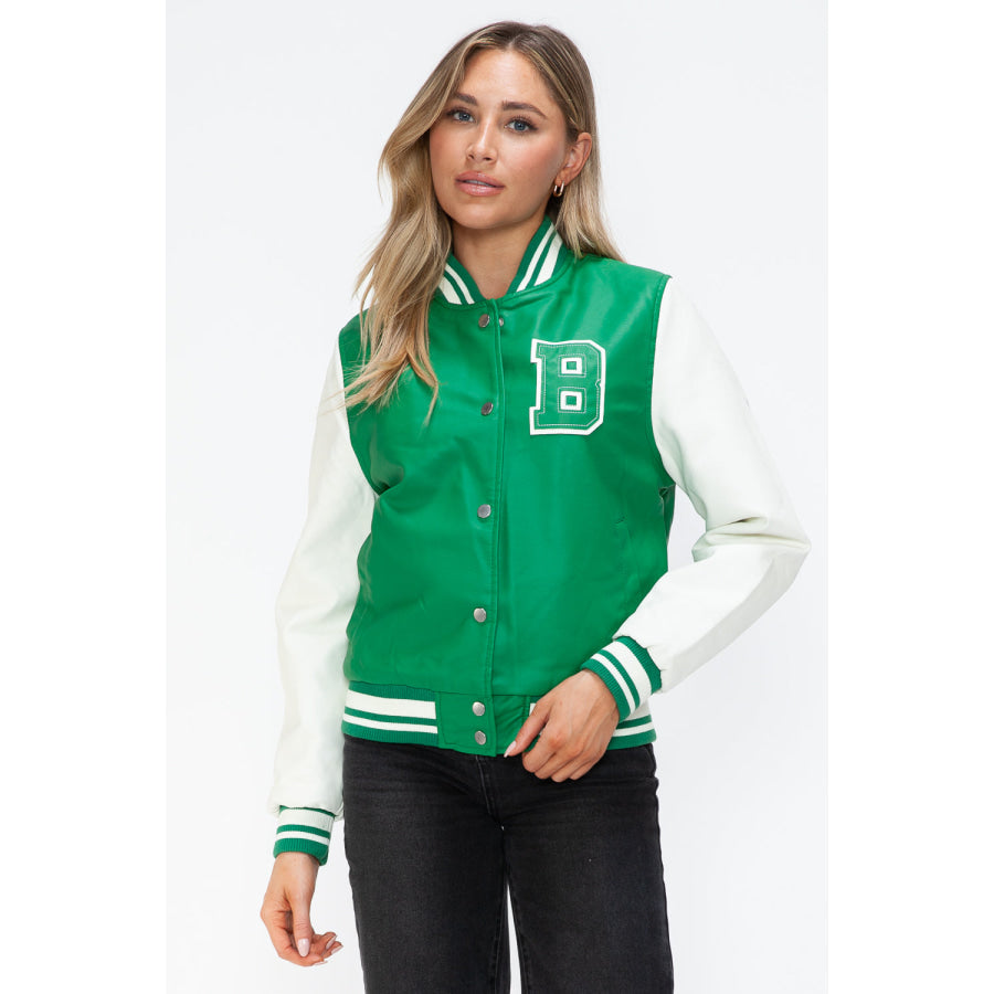 Love Me Now PU Leather Contrast Snap Down Bomber Jacket Green/Milk / S Apparel and Accessories