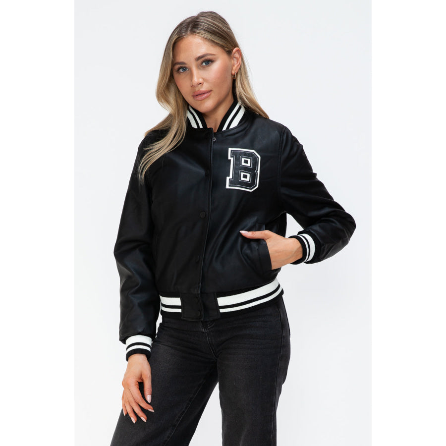 Love Me Now PU Leather Contrast Snap Down Bomber Jacket Midnight / Black / S Apparel and Accessories