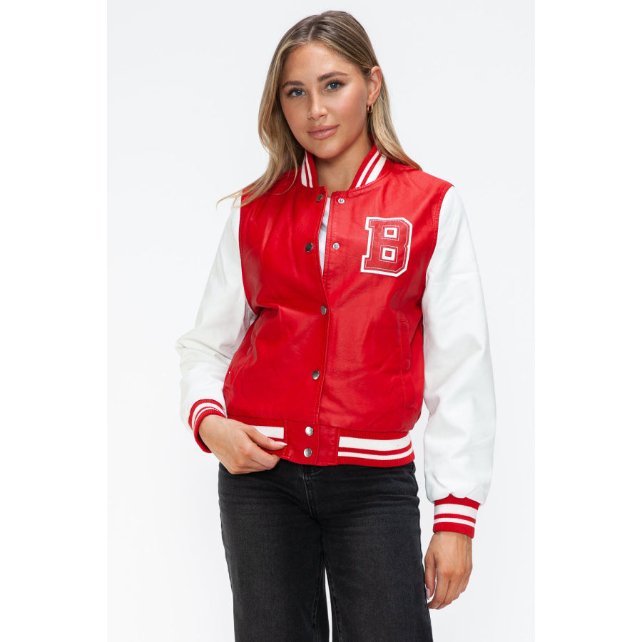 Love Me Now PU Leather Contrast Snap Down Bomber Jacket Red/White / S Apparel and Accessories