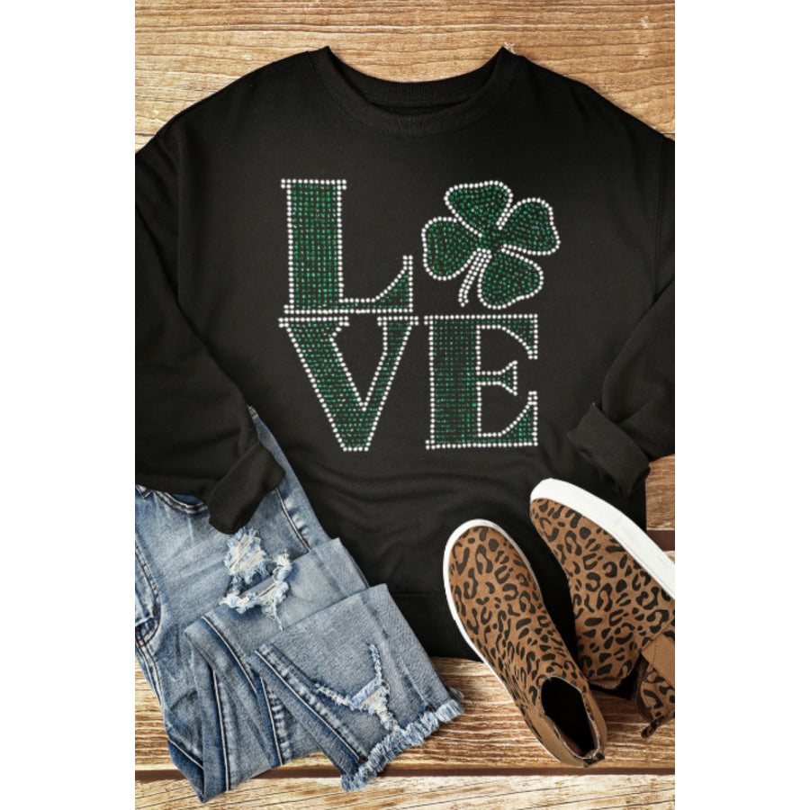 LOVE Rhinestone Clover Round Neck Sweatshirt Apparel and Accessories