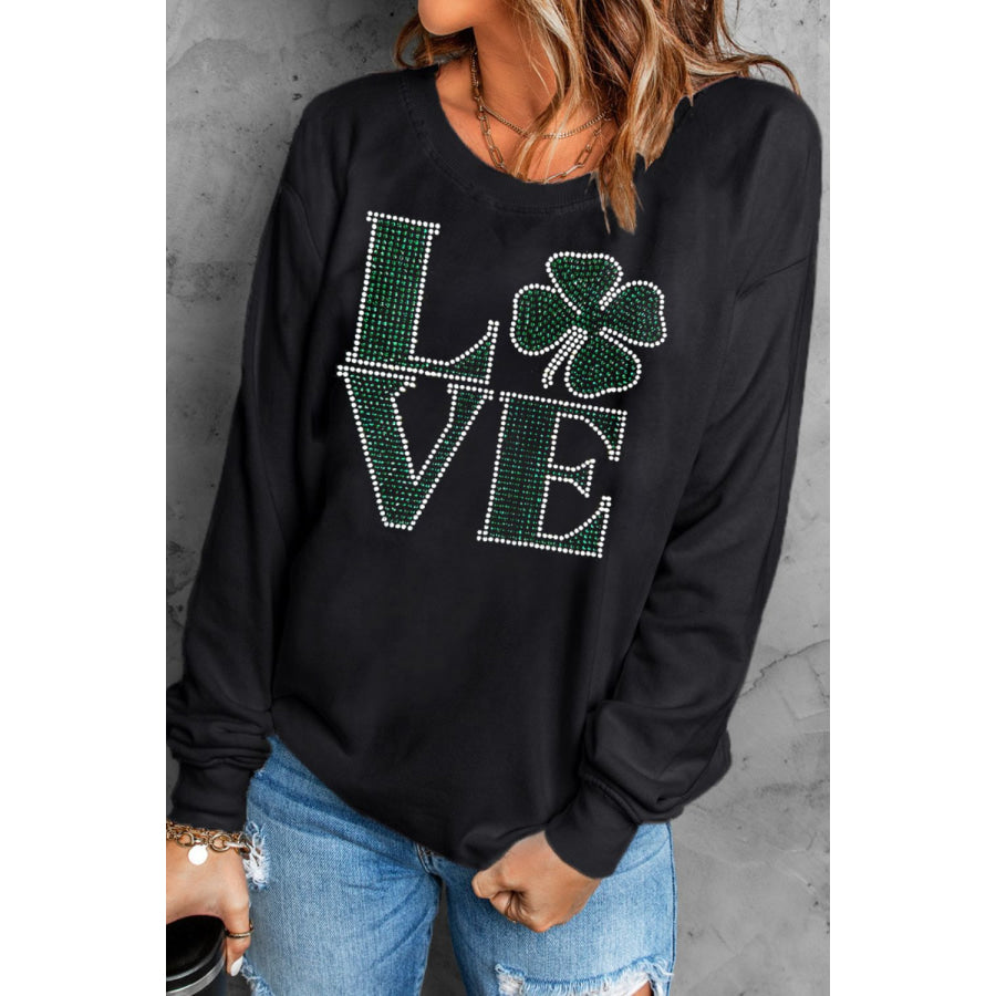 LOVE Rhinestone Clover Round Neck Sweatshirt Apparel and Accessories