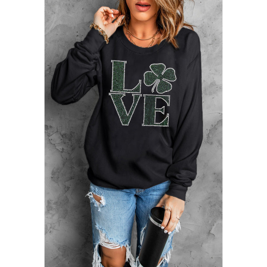 LOVE Rhinestone Clover Round Neck Sweatshirt Apparel and Accessories