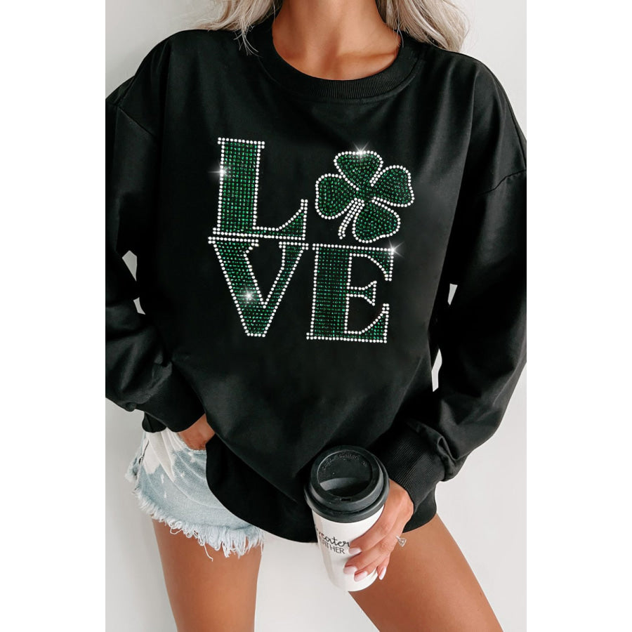 LOVE Rhinestone Clover Round Neck Sweatshirt Black / S Apparel and Accessories