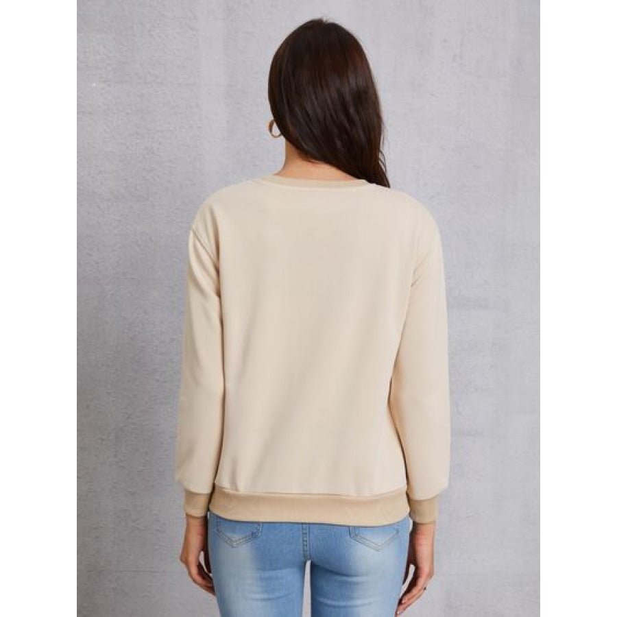 LOVE Round Neck Dropped Shoulder Sweatshirt Khaki / S Apparel and Accessories