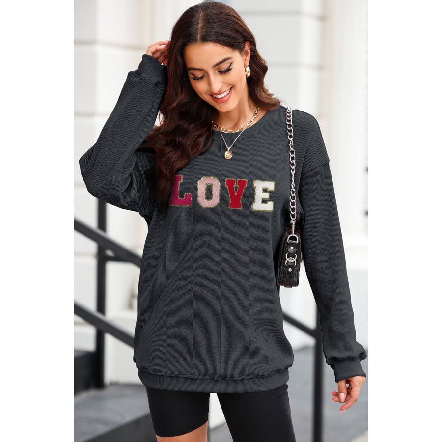 LOVE Round Neck Dropped Shoulder Sweatshirt Black / S Apparel and Accessories