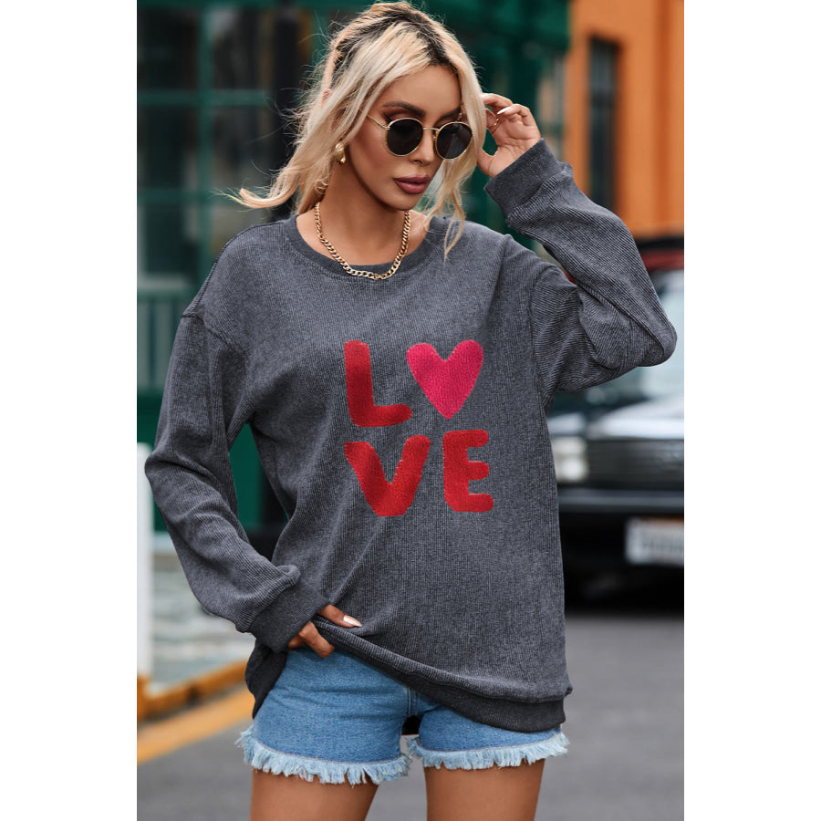 LOVE Round Neck Dropped Shoulder Sweatshirt Charcoal / S Apparel and Accessories