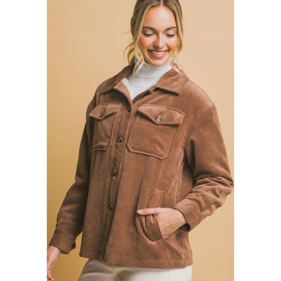 Love Tree Corduroy Button Up Jacket with Sherpa Inside Apparel and Accessories