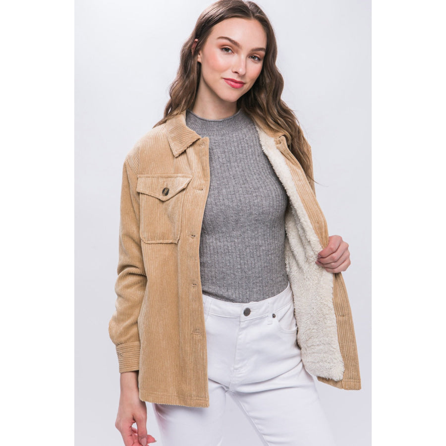 Love Tree Corduroy Button Up Jacket with Sherpa Inside Apparel and Accessories