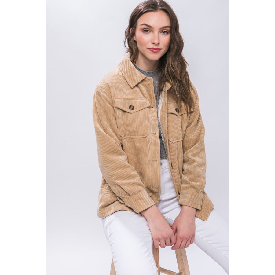 Love Tree Corduroy Button Up Jacket with Sherpa Inside Apparel and Accessories