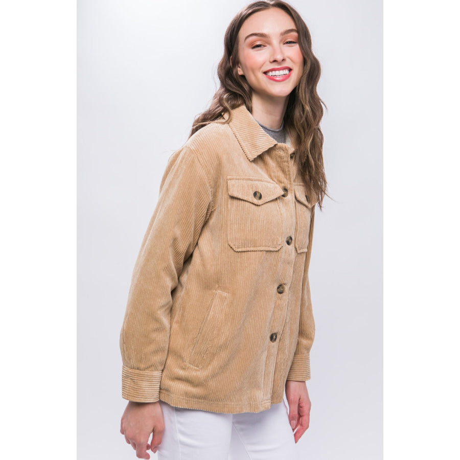 Love Tree Corduroy Button Up Jacket with Sherpa Inside Beige / S Apparel and Accessories