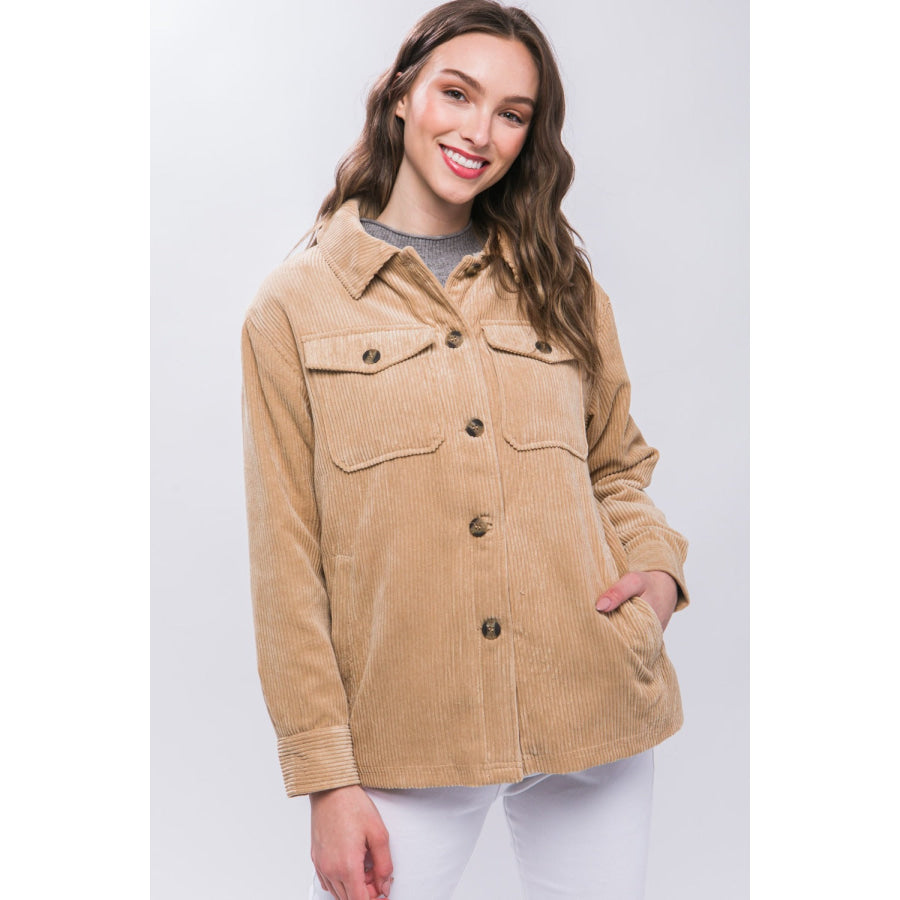 Love Tree Corduroy Button Up Jacket with Sherpa Inside Beige / S Apparel and Accessories