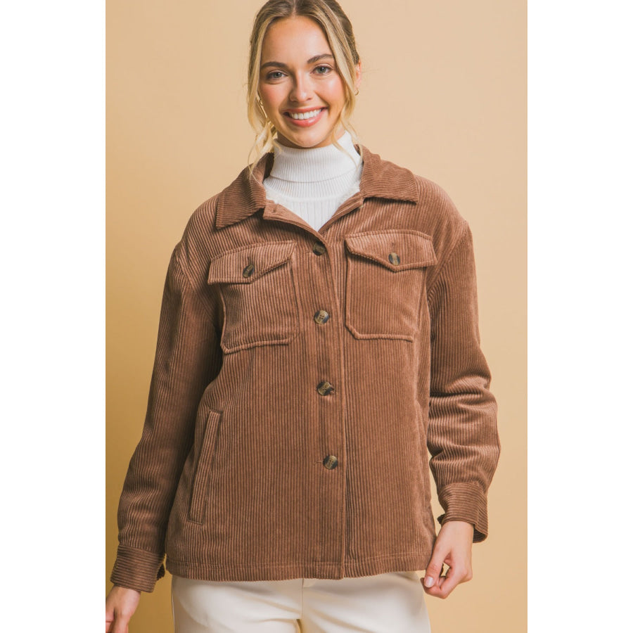 Love Tree Corduroy Button Up Jacket with Sherpa Inside Cocoa / S Apparel and Accessories