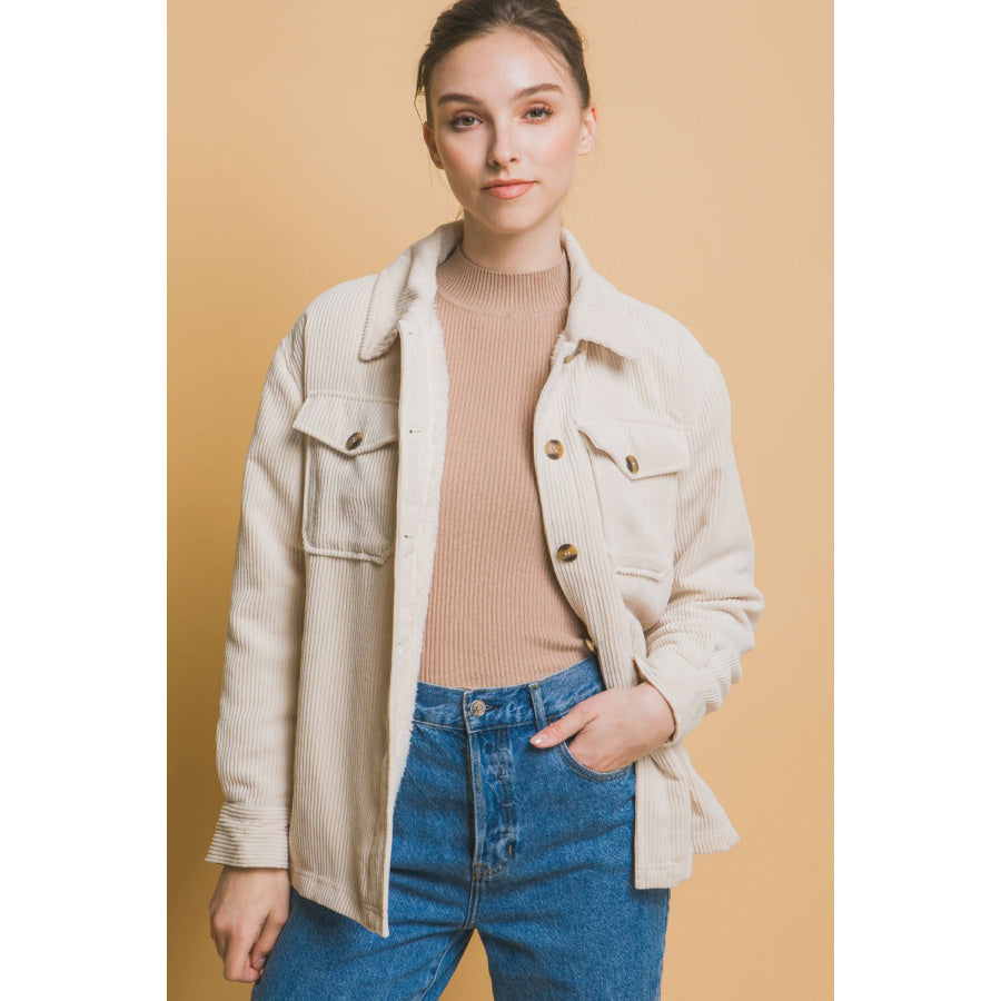 Love Tree Corduroy Button Up Jacket with Sherpa Inside Cream / S Apparel and Accessories