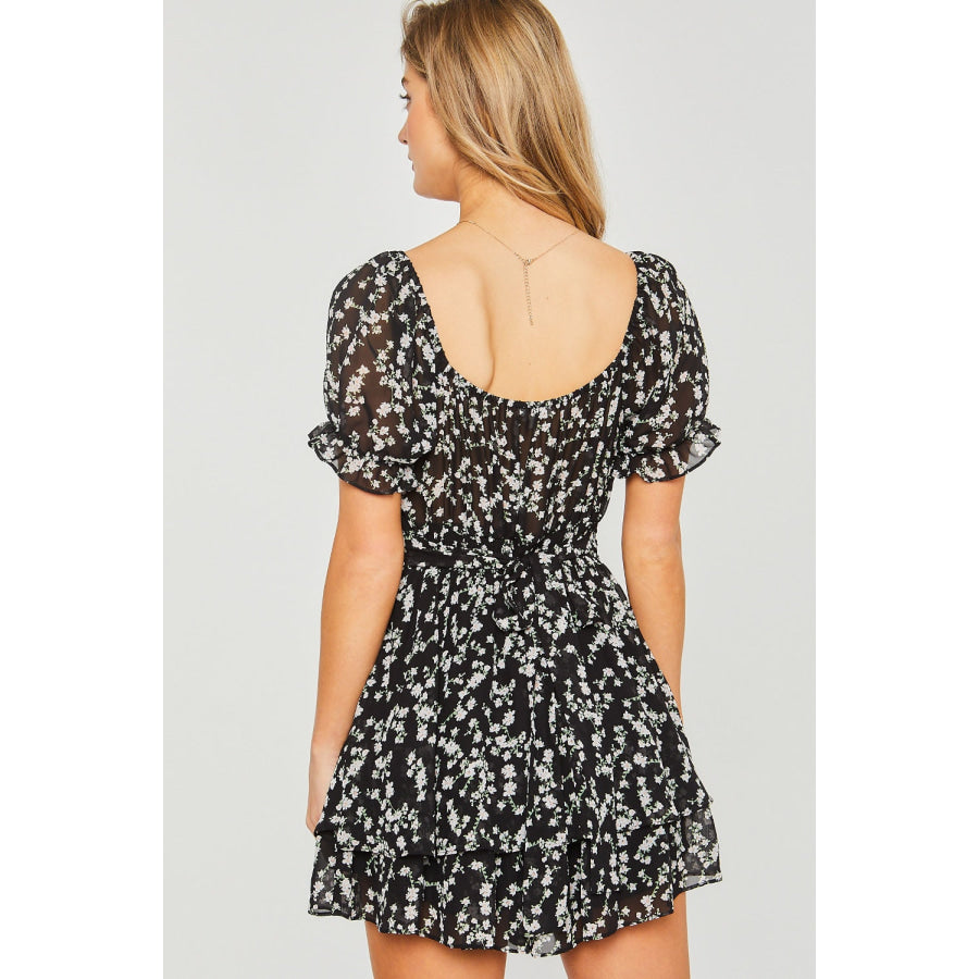 Love Tree Ditsy Floral Short Sleeve Romper Black / S Apparel and Accessories