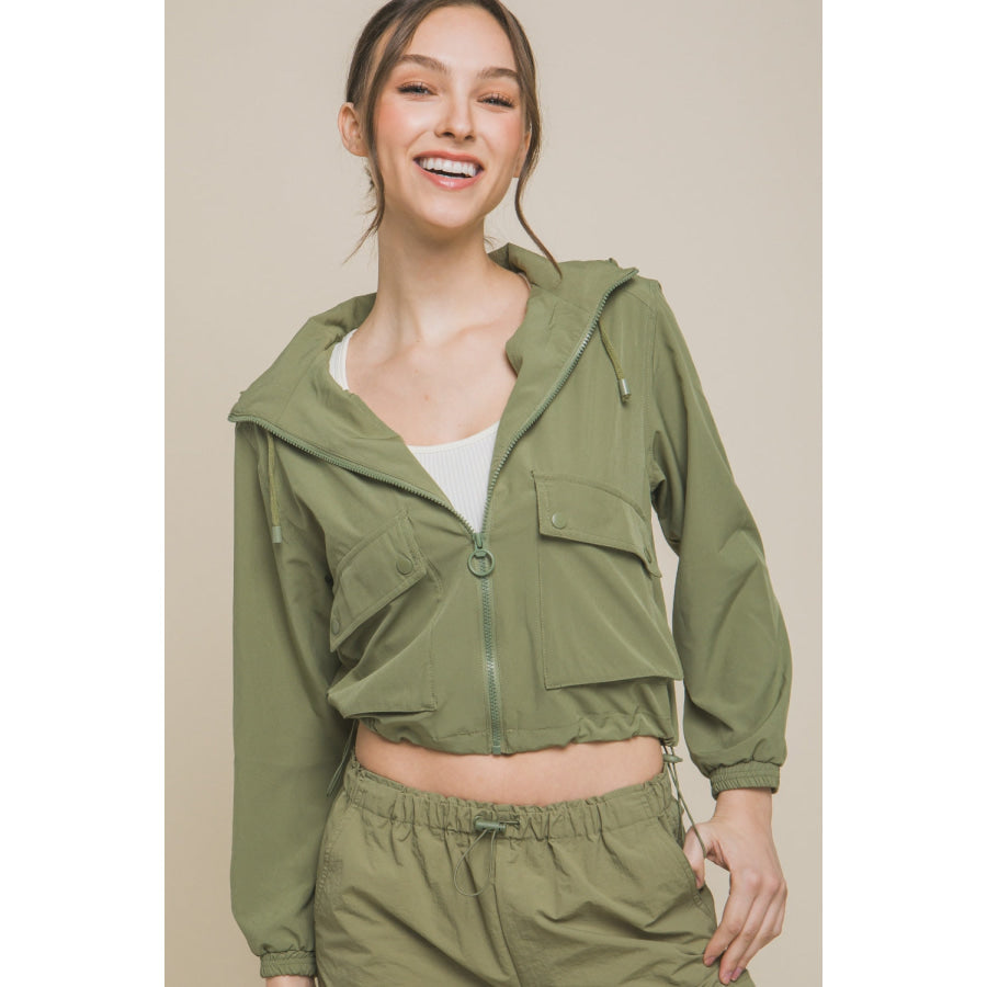 Love Tree Drawstring Hem Hooded Zip-Up Jacket Lt.Olive / S Apparel and Accessories