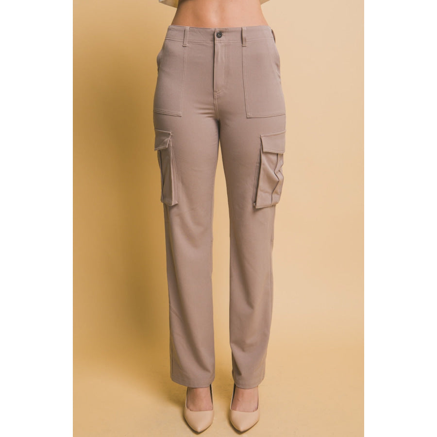 Love Tree High Rise Cargo Pants with Pockets Taupe / S Apparel and Accessories