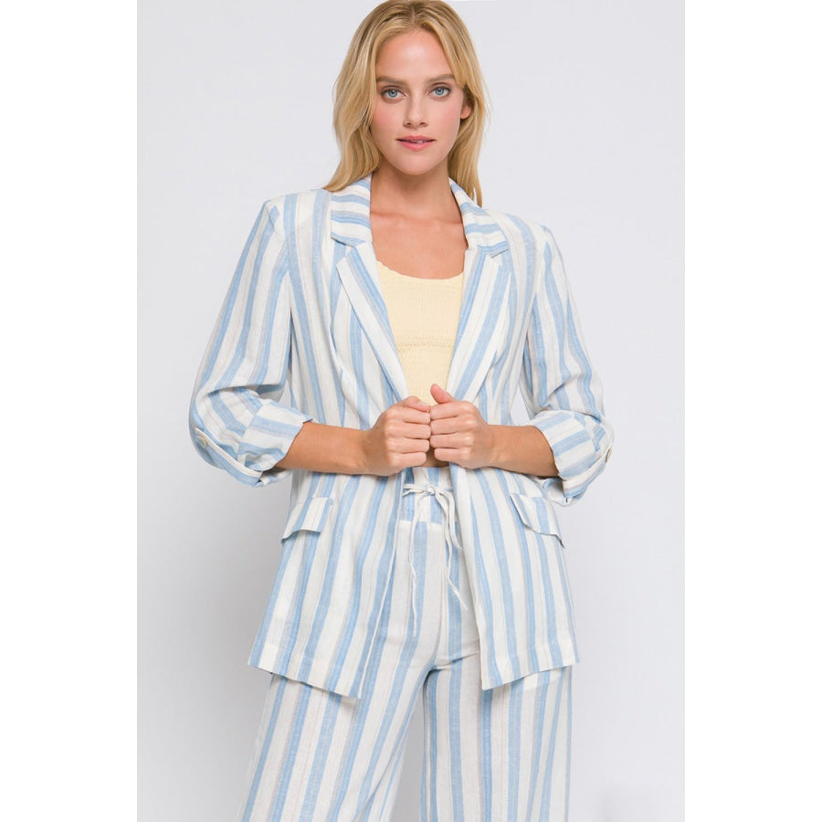 Love Tree Linen Woven Striped Blazer Blue / S Apparel and Accessories