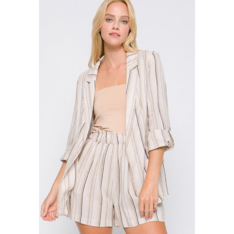 Love Tree Linen Woven Striped Blazer Mocha / S Apparel and Accessories