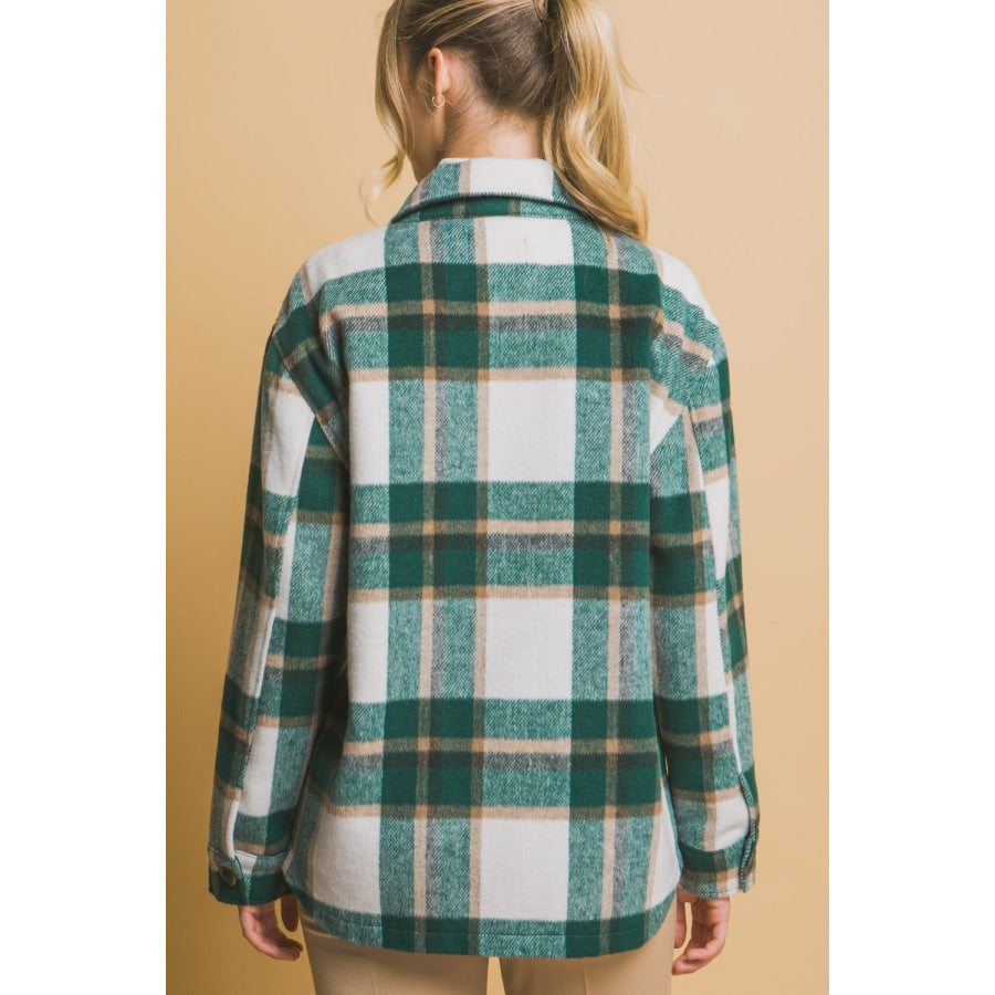 Love Tree Plaid Button Up Shacket Green / S Apparel and Accessories