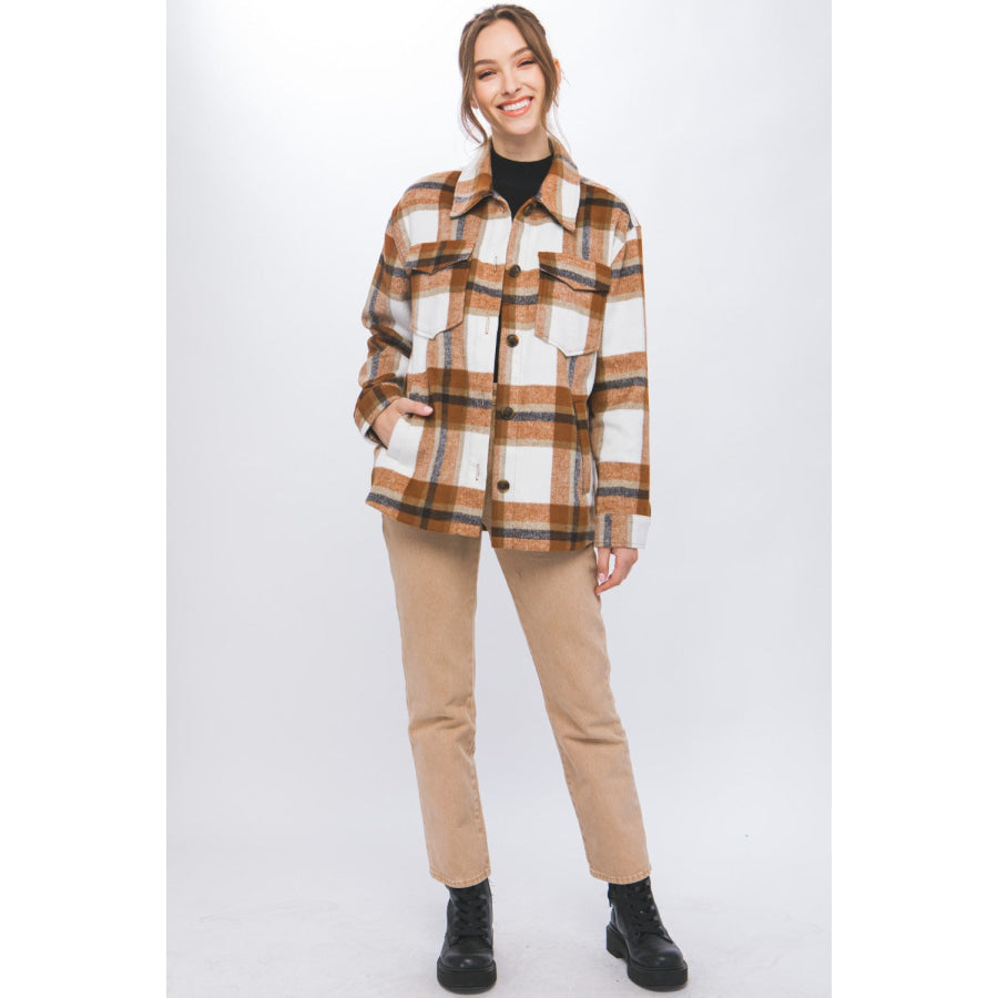 Love Tree Plaid Button Up Shacket Apparel and Accessories