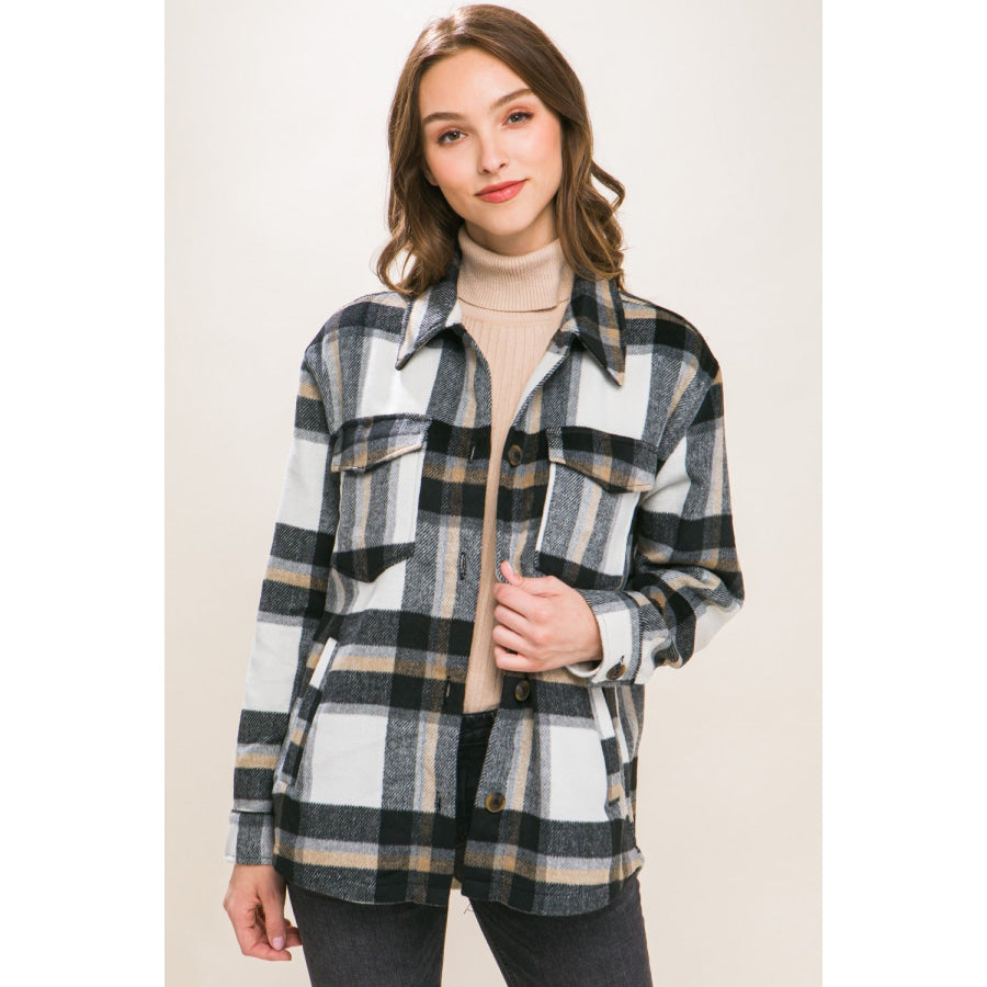 Love Tree Plaid Button Up Shacket Black / S Apparel and Accessories