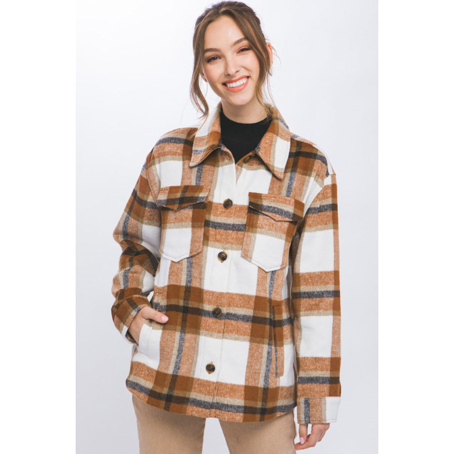 Love Tree Plaid Button Up Shacket Clay / S Apparel and Accessories