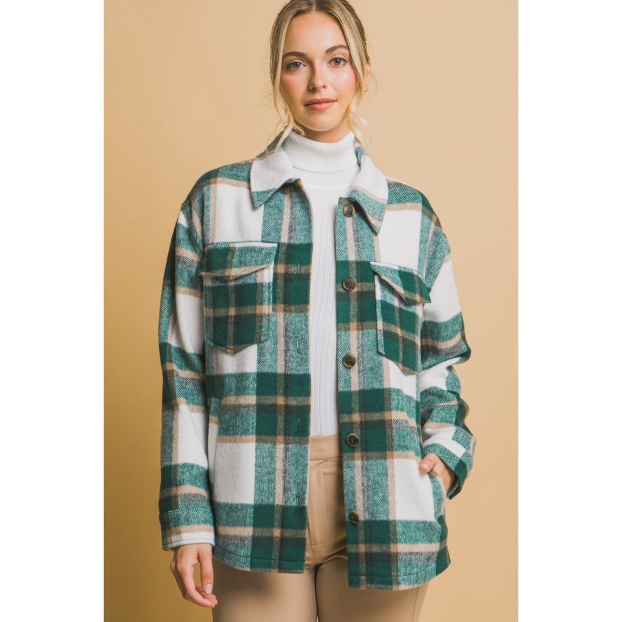 Love Tree Plaid Button Up Shacket Green / S Apparel and Accessories