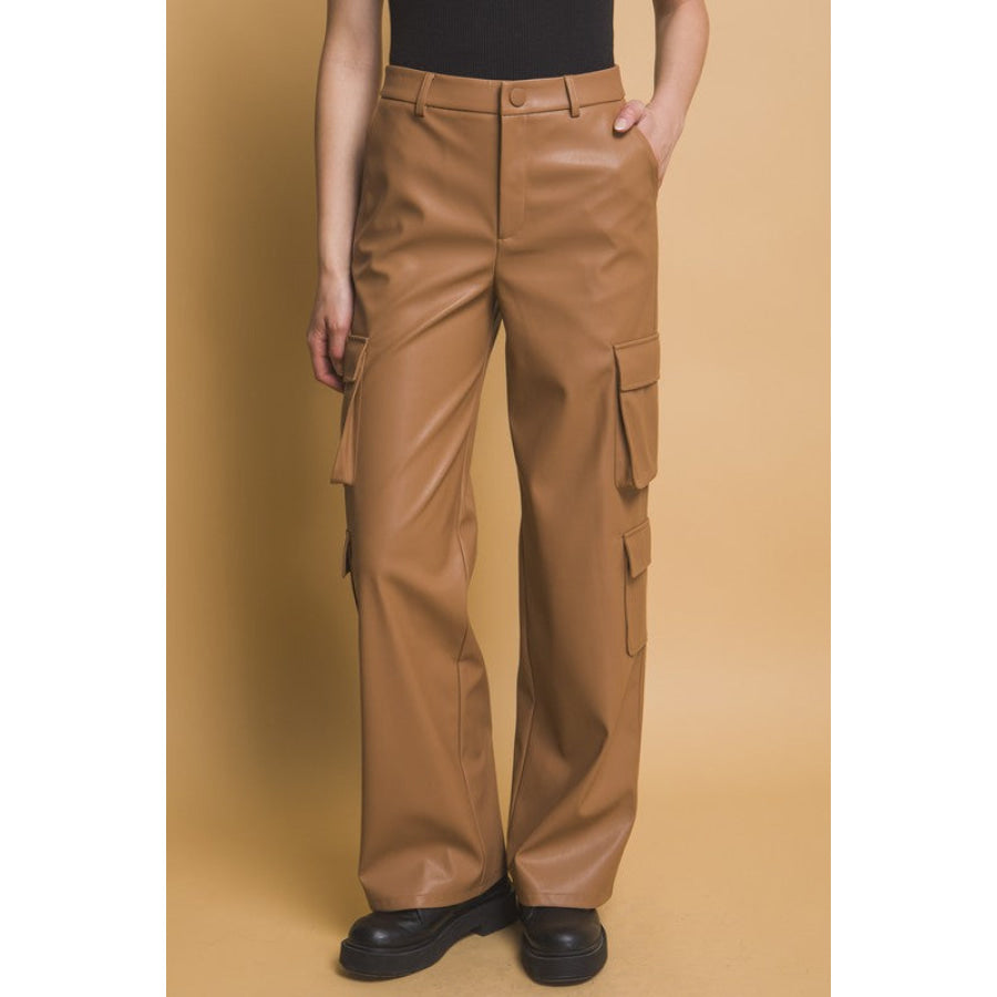 Love Tree PU Leather Cargo Pants Camel / S Apparel and Accessories