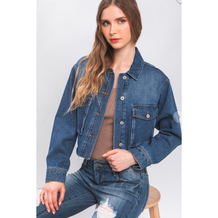 Love Tree Raw Hem Button Up Cropped Denim Jacket BLUE / S Apparel and Accessories