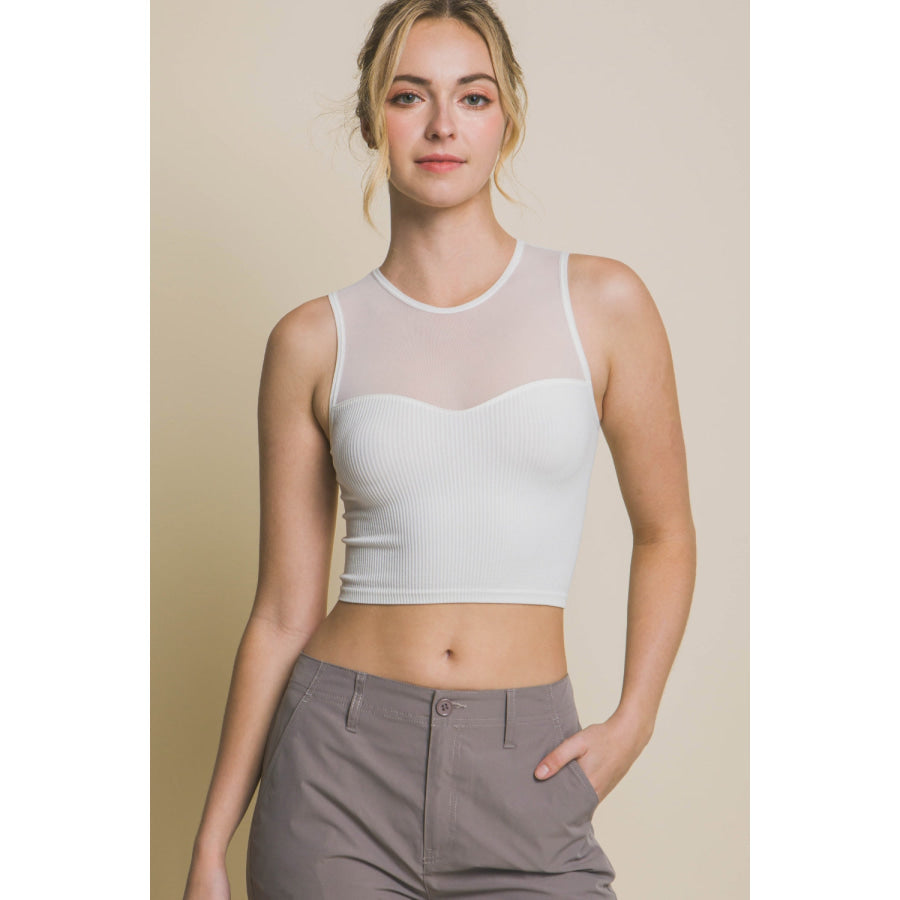 Love Tree Round Neck Ribbed Cropped Mesh Tank Off White / S Apparel and Accessories