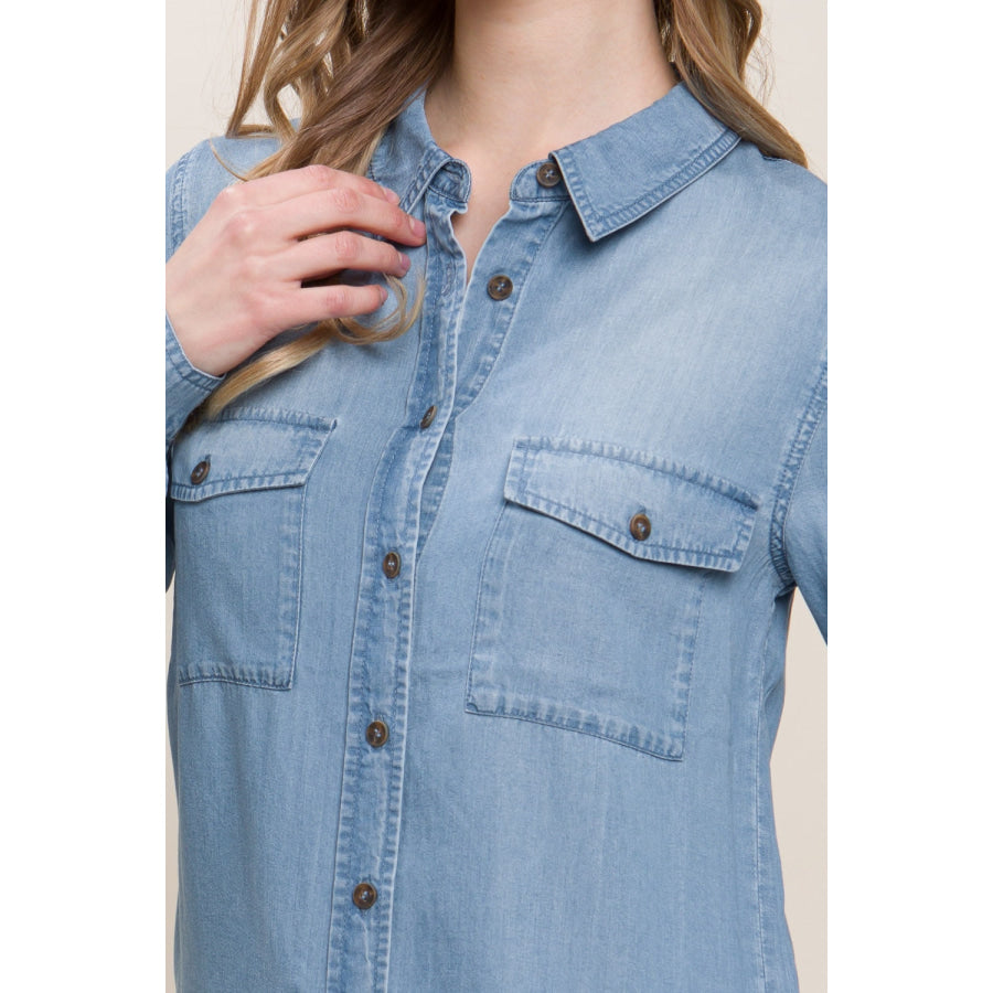 Love Tree Scooped Hem Button Up Denim Shirt Blue / S Apparel and Accessories