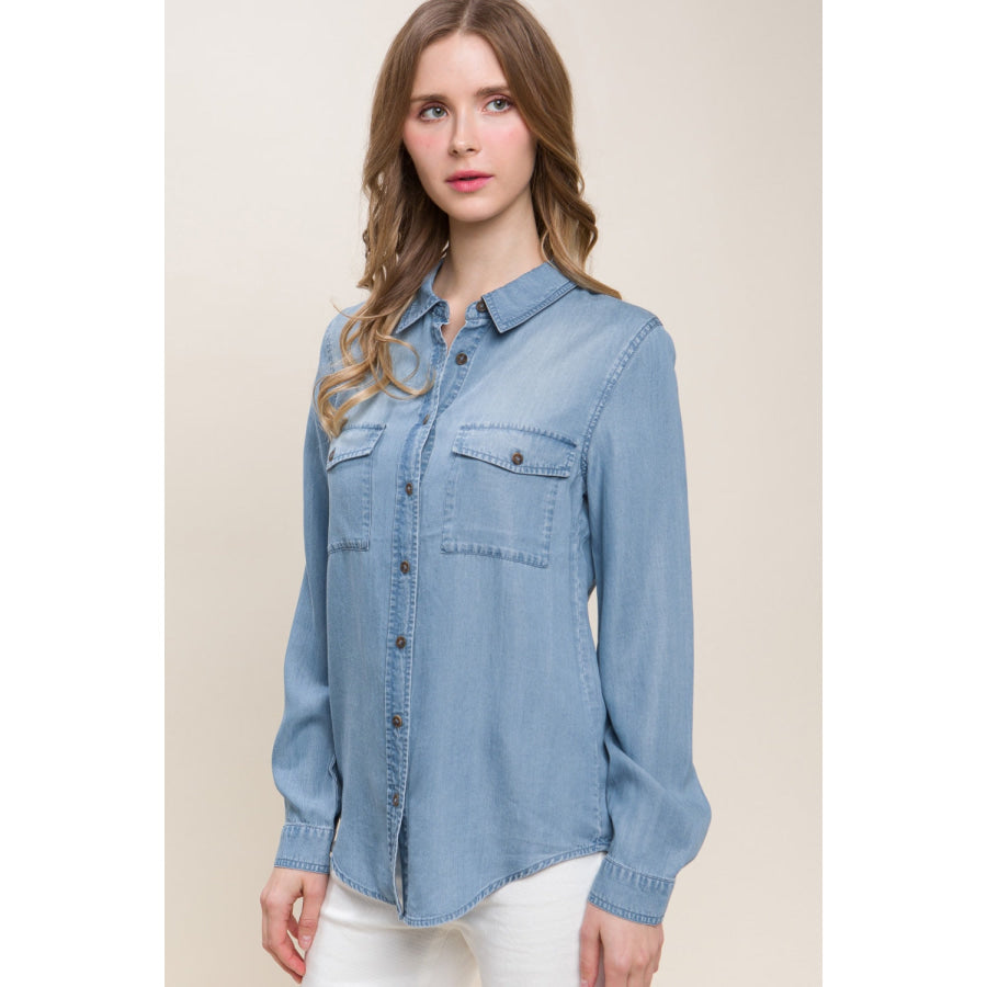 Love Tree Scooped Hem Button Up Denim Shirt Apparel and Accessories