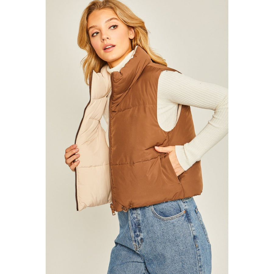 Love Tree Zip Up Cropped Contrast Reversible Vest Cocoa / S Apparel and Accessories