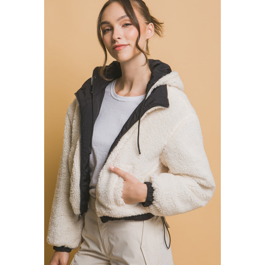 Love Tree Zip Up Cropped Hooded Sherpa Reversible Jacket Apparel and Accessories