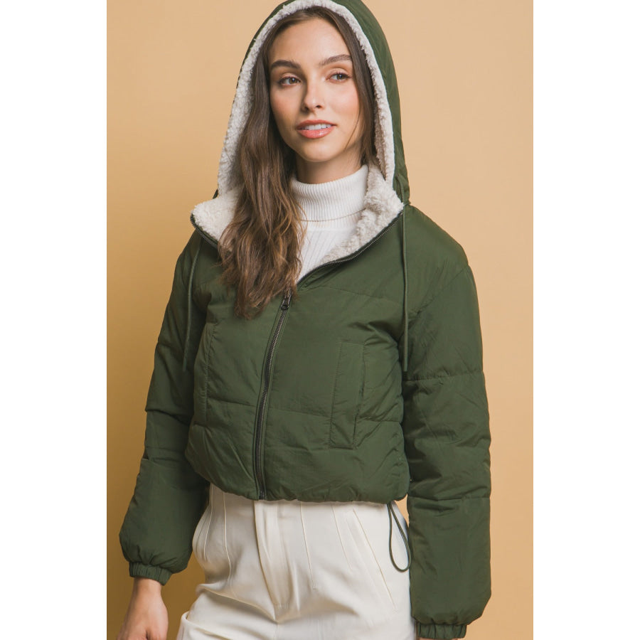 Love Tree Zip Up Cropped Hooded Sherpa Reversible Jacket Apparel and Accessories