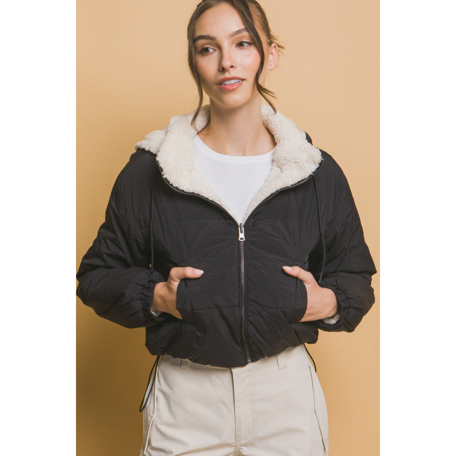 Love Tree Zip Up Cropped Hooded Sherpa Reversible Jacket Apparel and Accessories