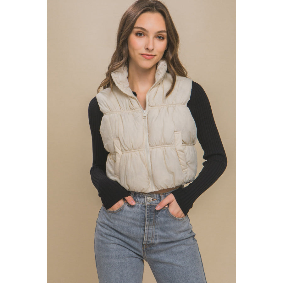 Love Tree Zip Up Turtleneck Cropped Vest Coat Cream / S Apparel and Accessories