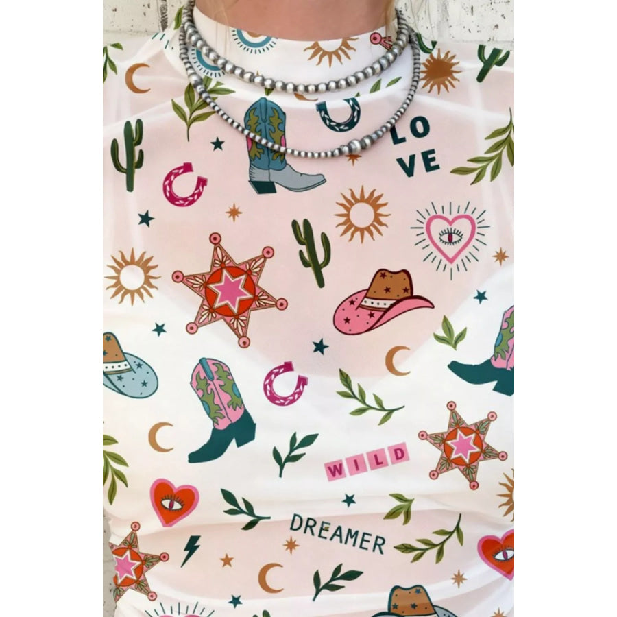 LOVE WILD DREAMER Western Print Sheer Mesh Top Apparel and Accessories