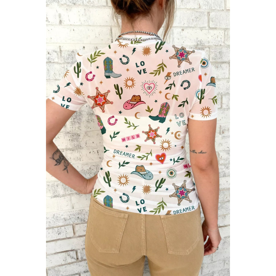 LOVE WILD DREAMER Western Print Sheer Mesh Top Apparel and Accessories