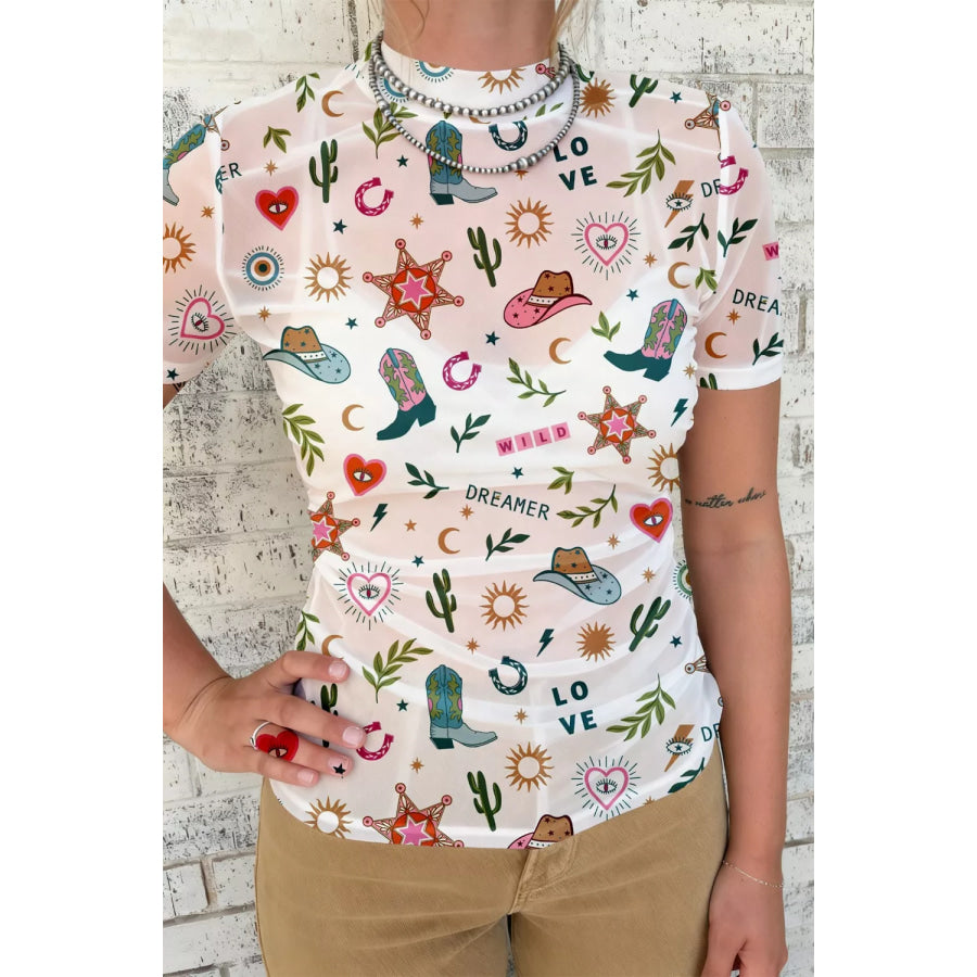 LOVE WILD DREAMER Western Print Sheer Mesh Top White / S Apparel and Accessories