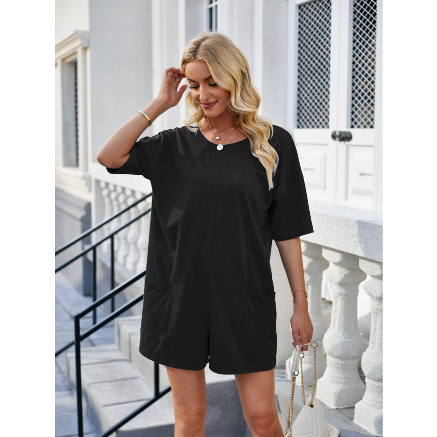 Lovelet Backless Pocketed Round Neck Half Sleeve Romper Apparel and Accessories